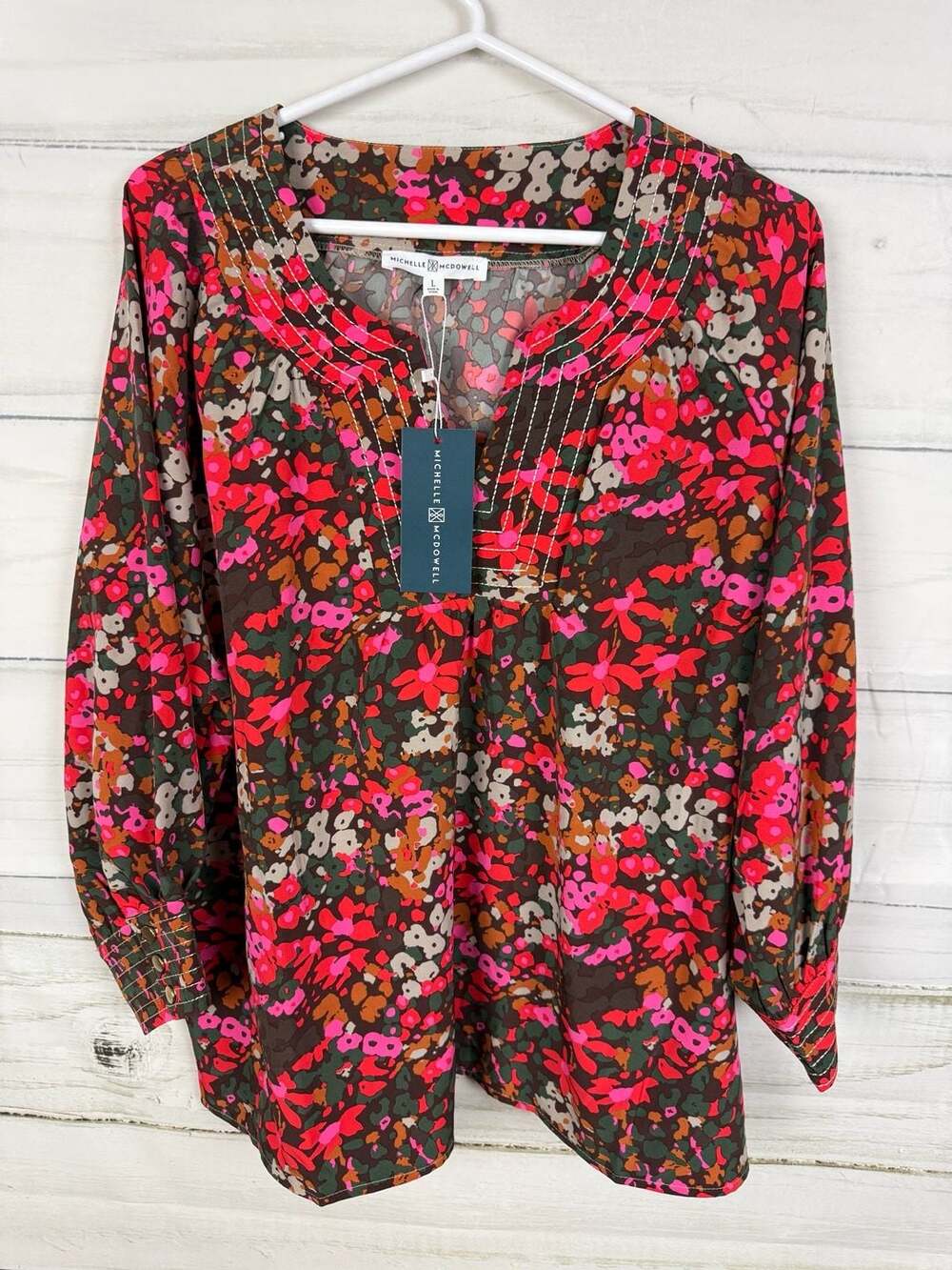 Michelle McDowell Floral V-Neck Smocked Cuff Blouse